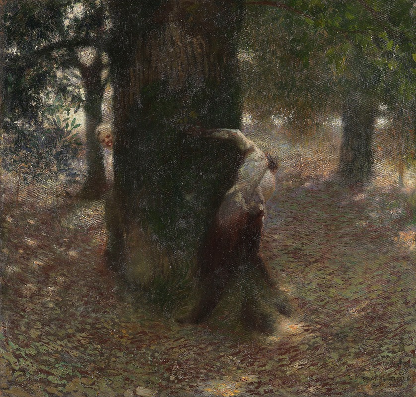 Franz von Stuck's 'Neckerei' features a striking portrayal of figures in a dreamlike setting.