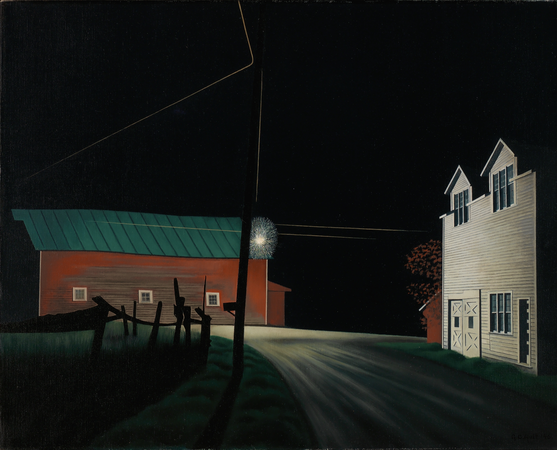 Modernism landscape by George Copeland Ault, featuring a luminous house at night.