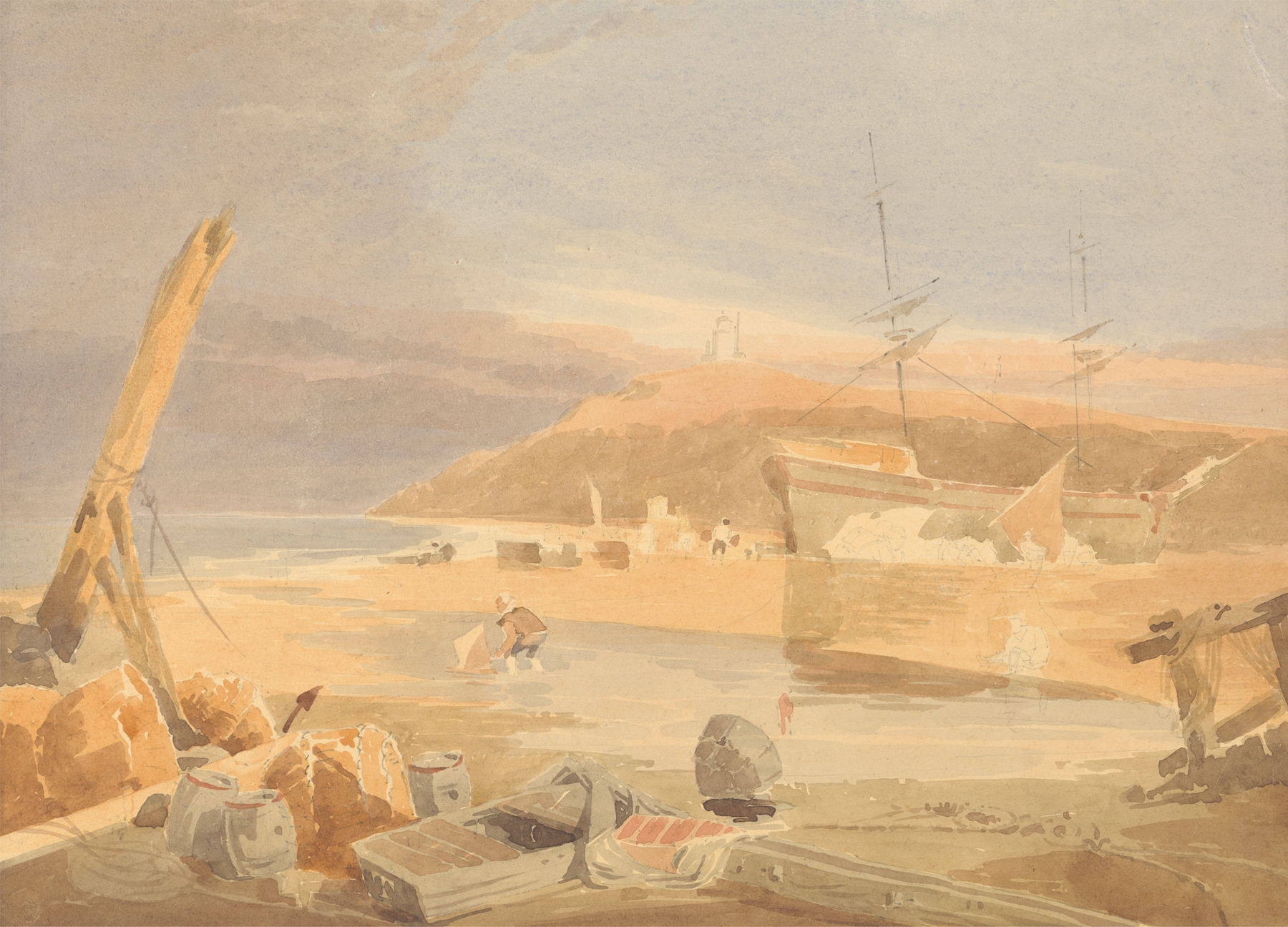 Shore Scene with Sailing Ship at Quay by John Thirtle, unknown medium