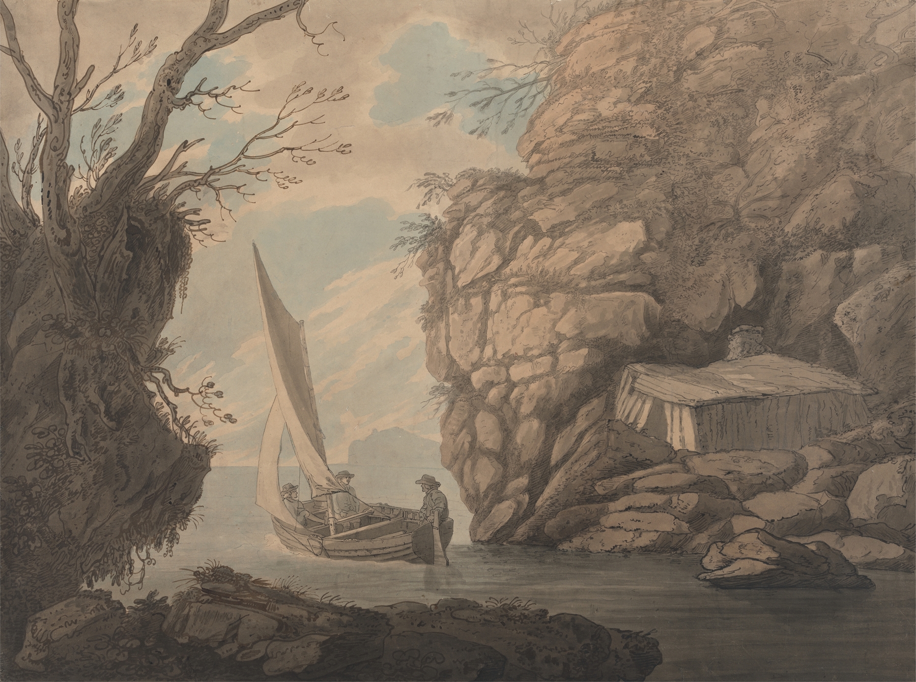 A Sailing Dinghy with Three Men Leaving a Rocky Inlet, oil on canvas by Joseph Farington