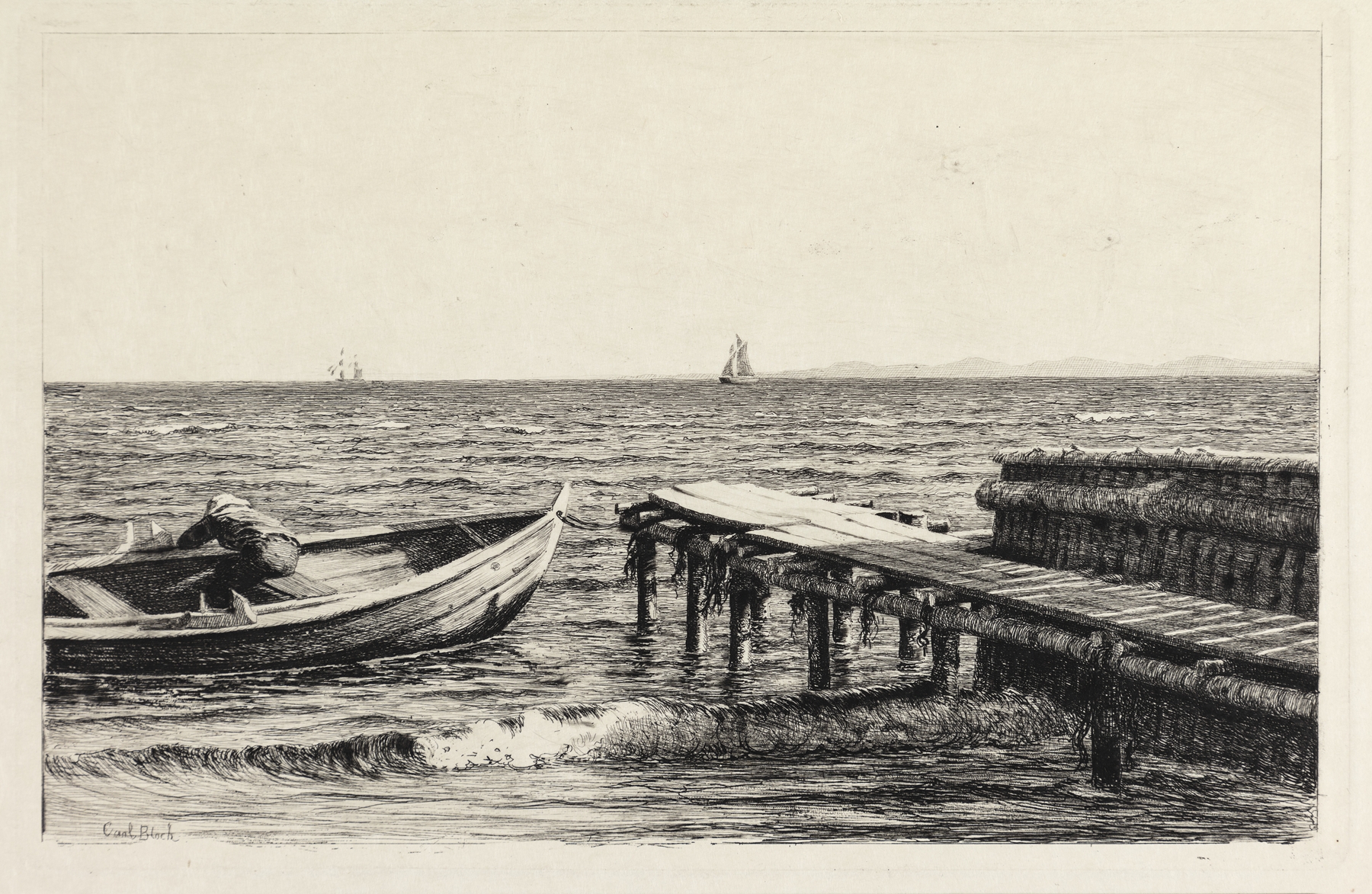Båden ved broen by Carl Bloch, oil painting depicting a boat by a bridge with reflections in the water.