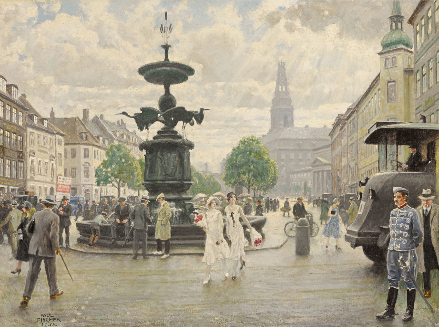 The Bustling Amager Square, Copenhagen by Paul Fischer, oil painting depicting a vibrant urban crowd.