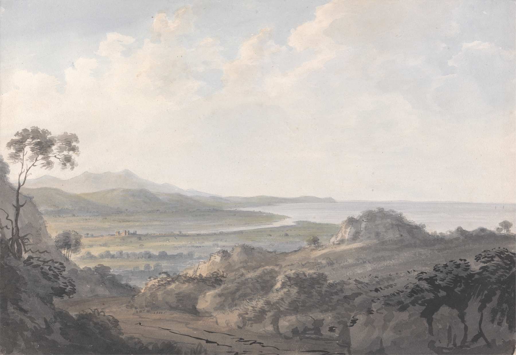 Coast Scene with Mouth of a River, oil on canvas by Edward Dayes depicting a tranquil river landscape.