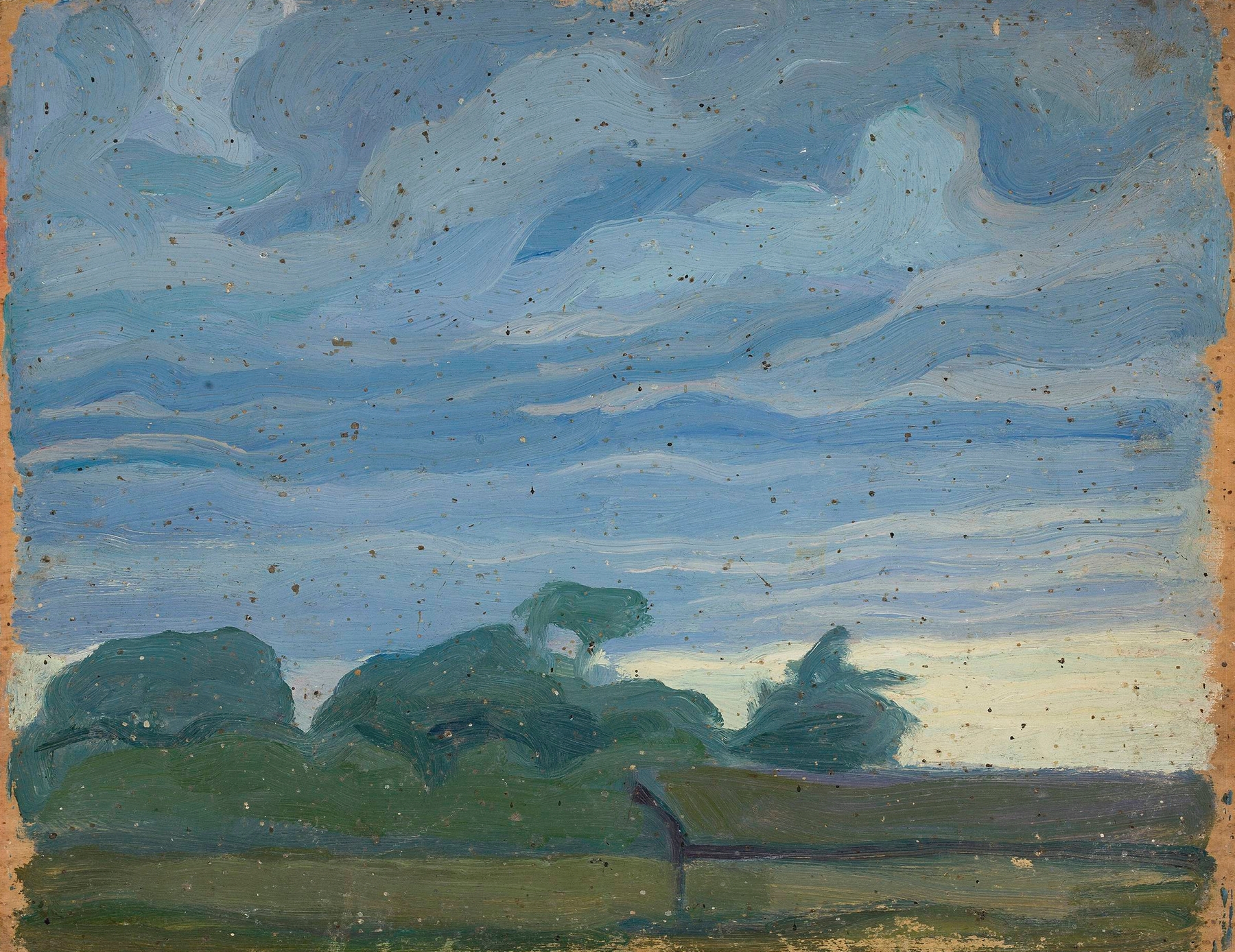 Landscape by Jan Rembowski, oil painting depicting hills and trees in soft colors