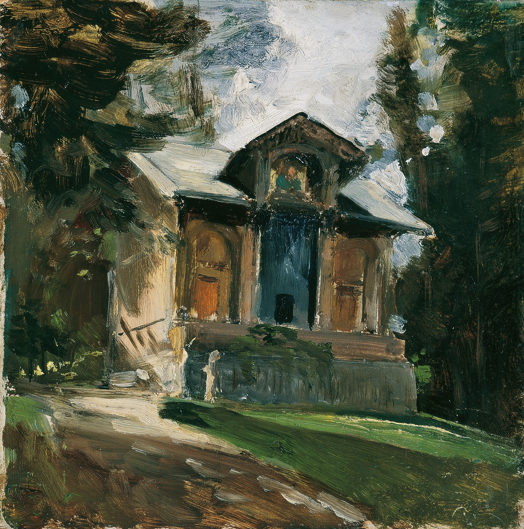 Interior scene of an artist studio with Emil Jakob Schindler at his easel, oil painting