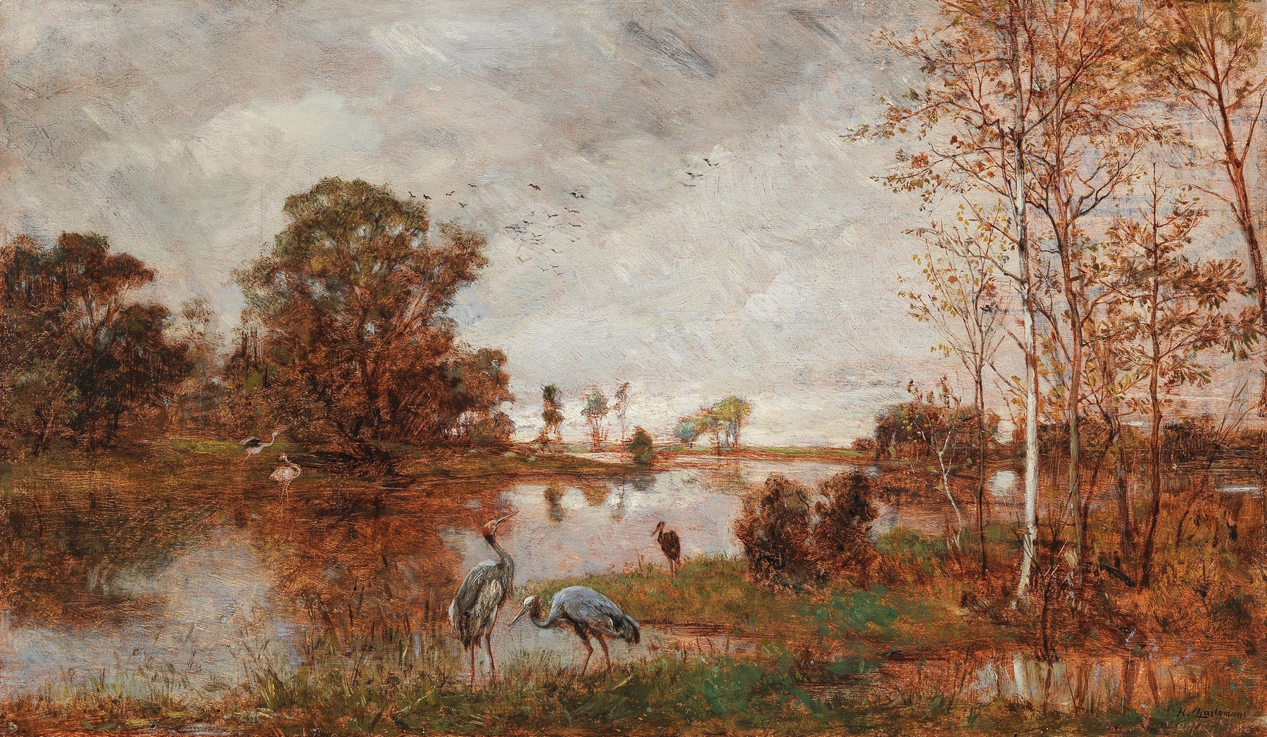 Herons on the Riverbank by Hugo Charlemont, oil on canvas depicting herons by a river.