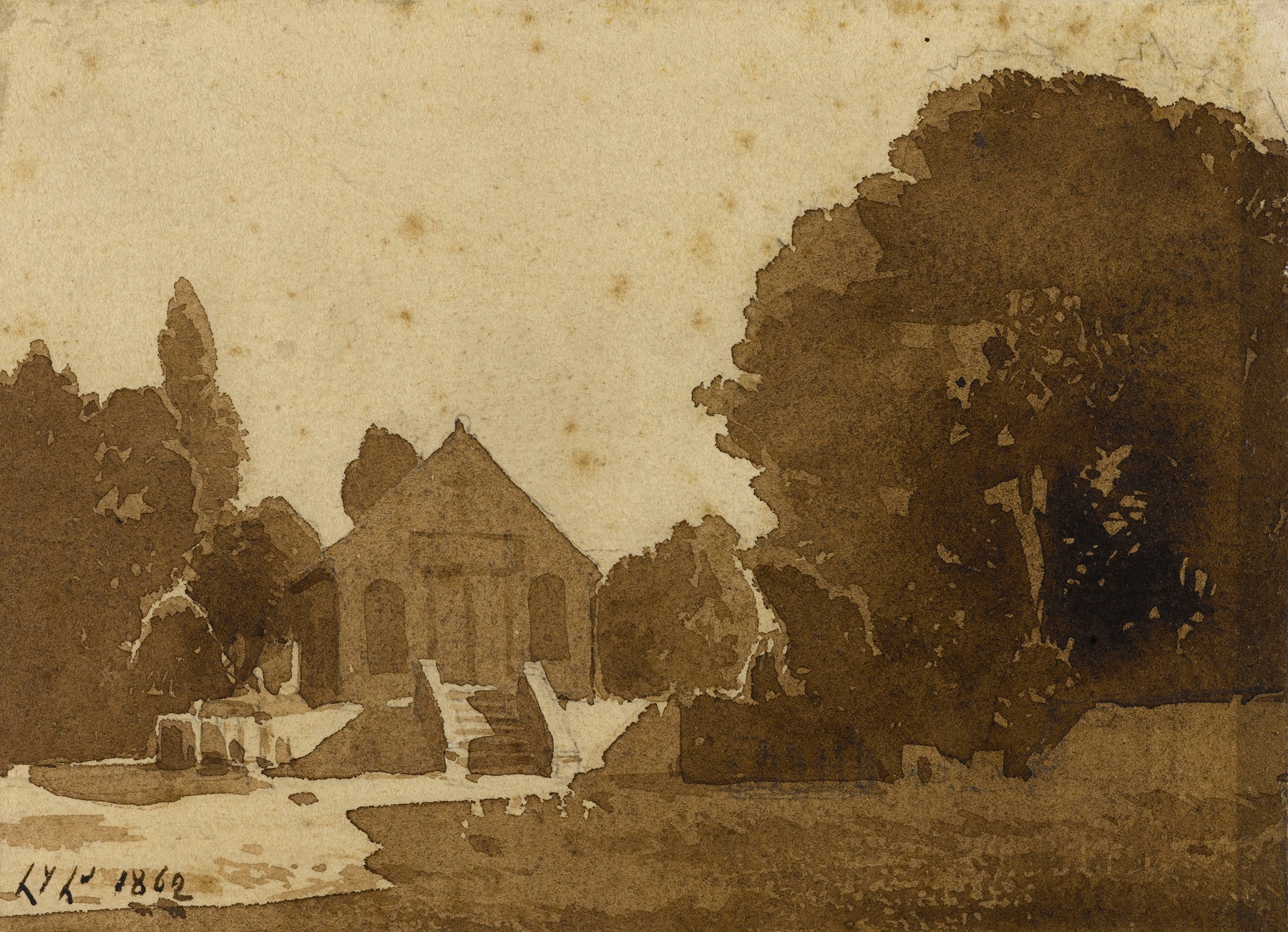 Landscape featuring a serene chapel among trees, oil painting by Henri-Joseph Harpignies