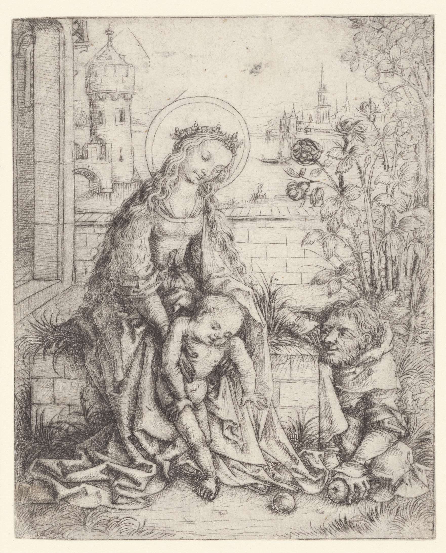 De Heilige Familie bij de rozenstruik, drypoint by Meester van het Amsterdamse Kabinet