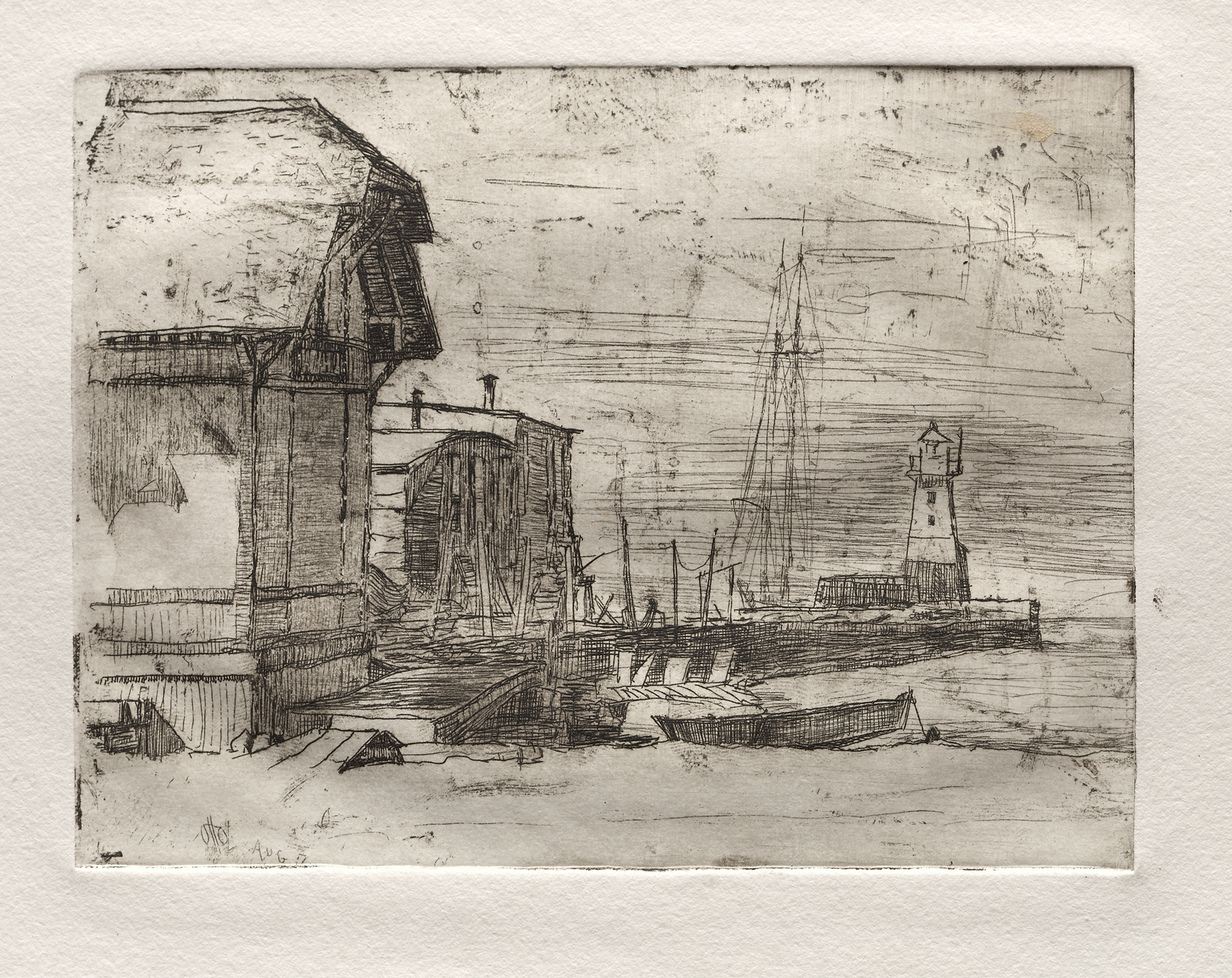 West Pier by Otto Henry Bacher, watercolor on paper depicting a crumbling pier over shimmering water.