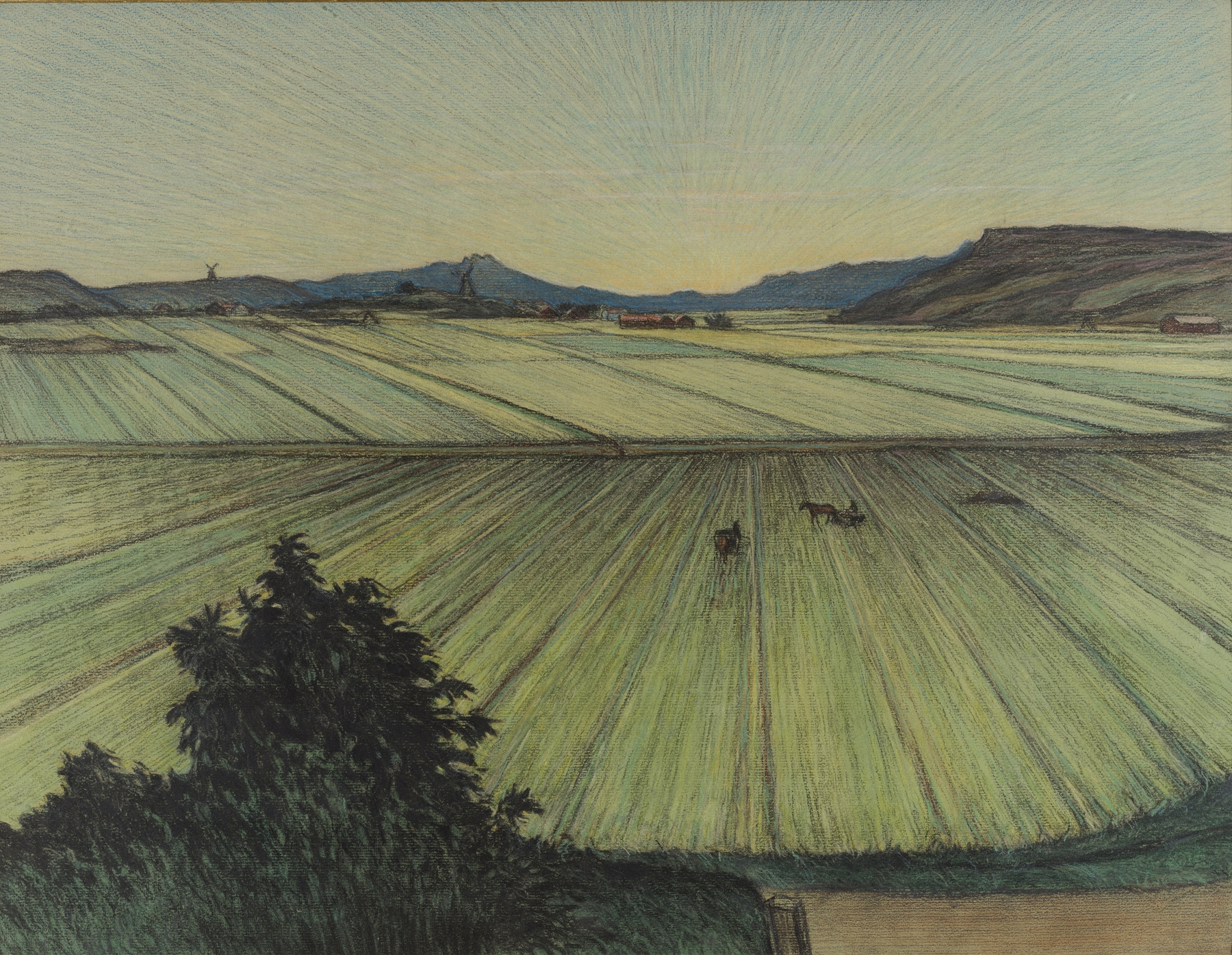 Landscape with Fields by Karl Nordström, oil on canvas depicting rolling fields and a pastel sky.