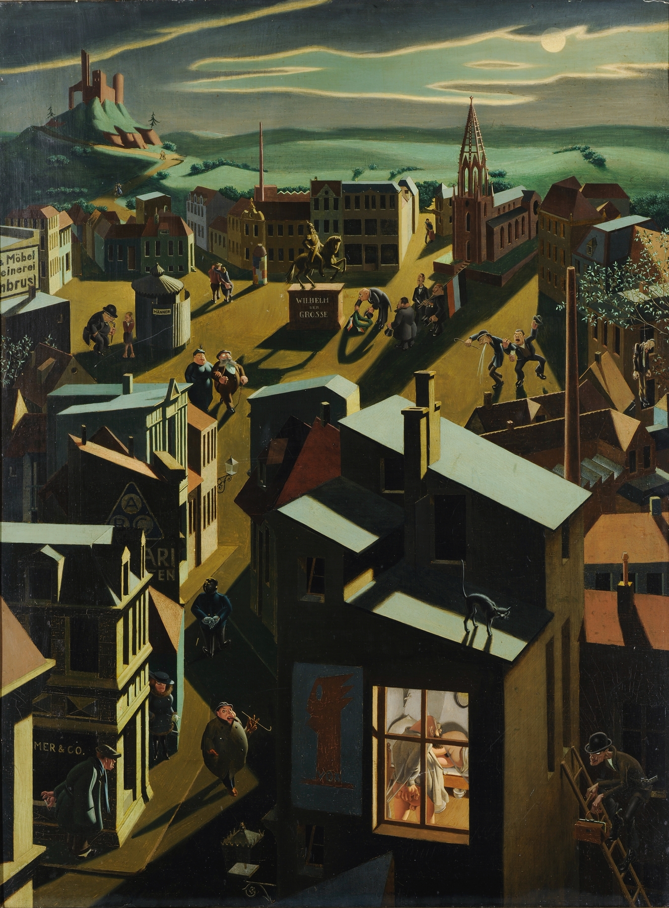 Genre scene depicting a village at night by Georg Scholz, oil painting