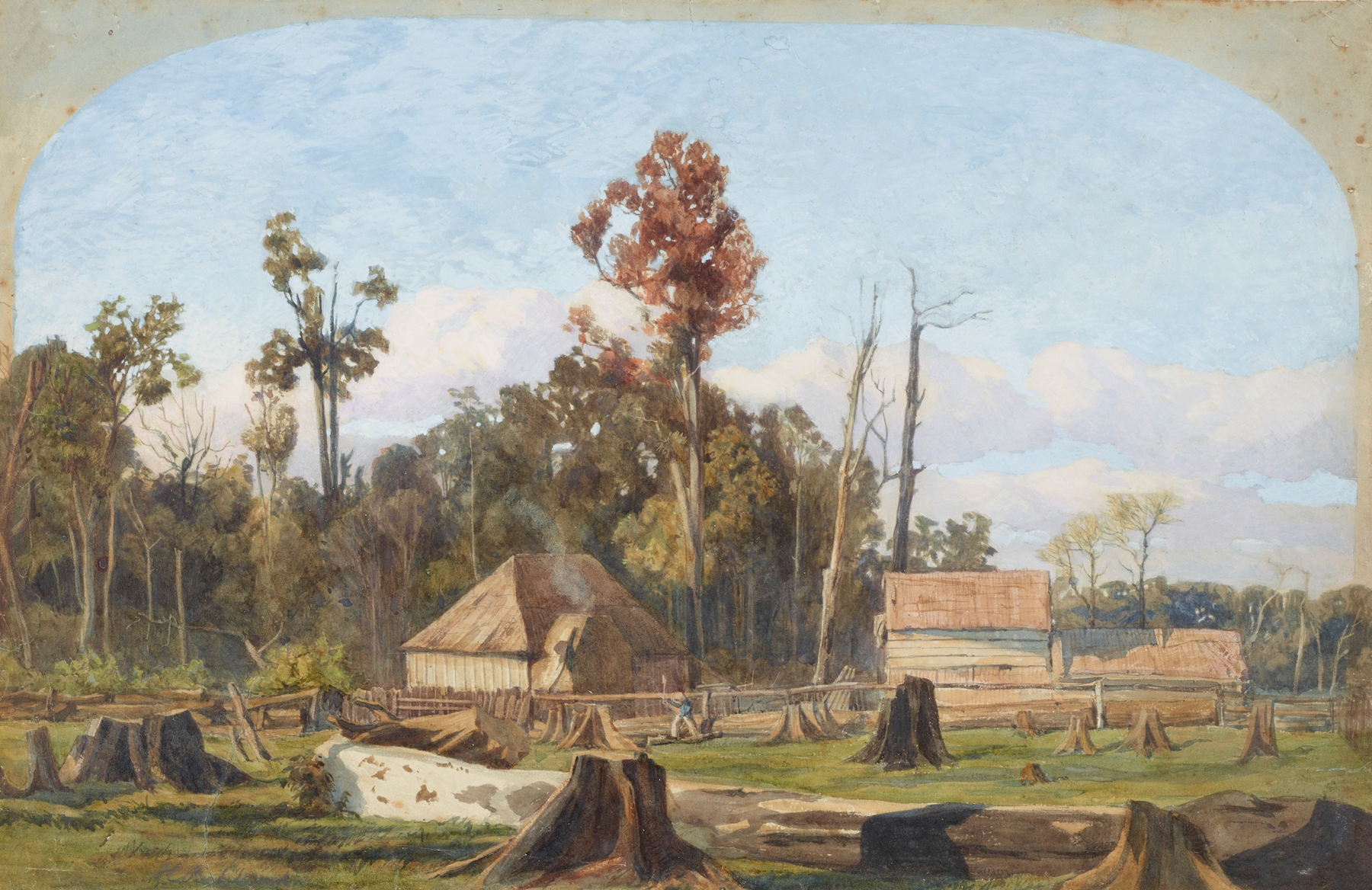 Settler’s home, Merton by James Crowe Richmond, oil on canvas depicting a cottage in a lush landscape