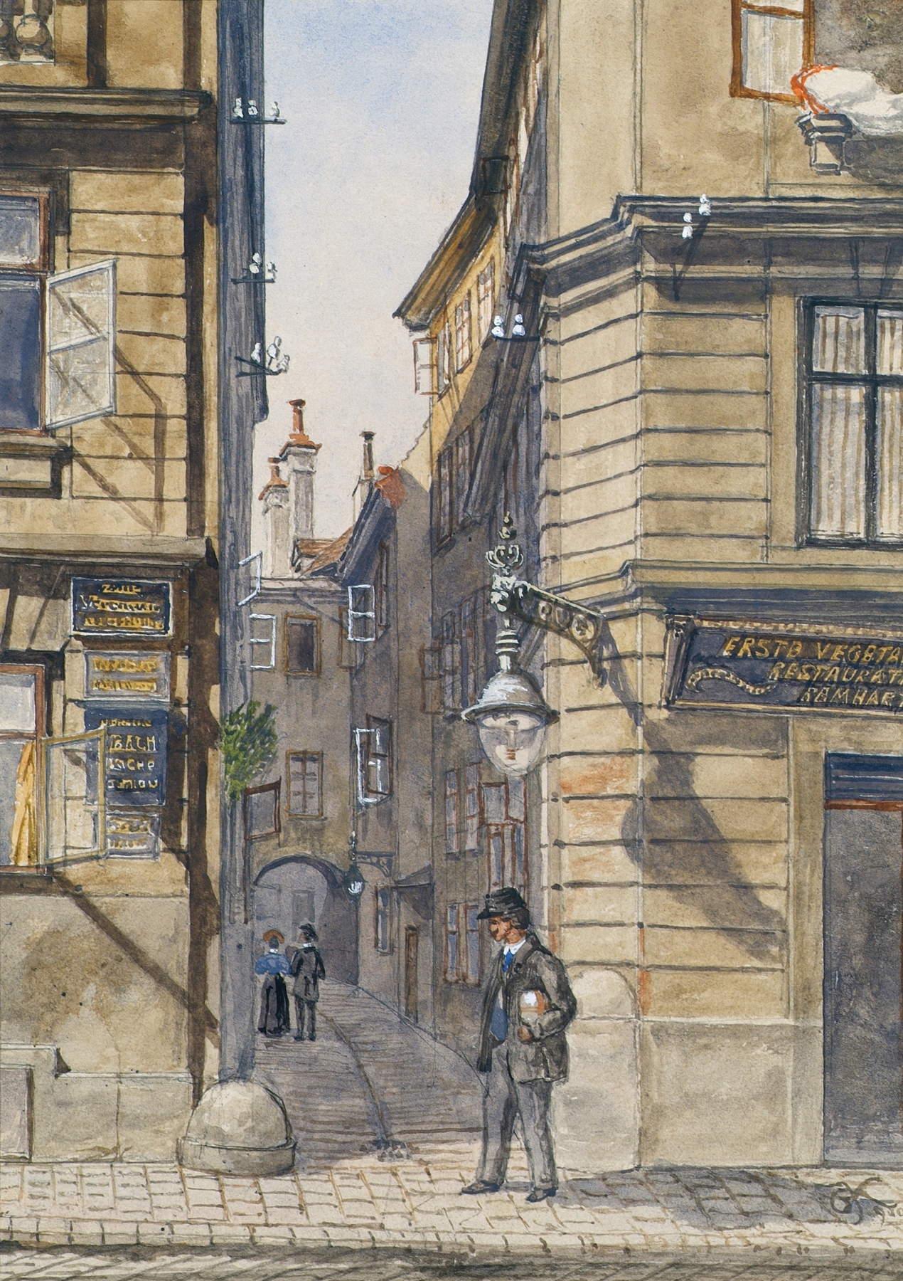 Genre scene depicting urban life in Vienna by Gustav Korompay, oil painting