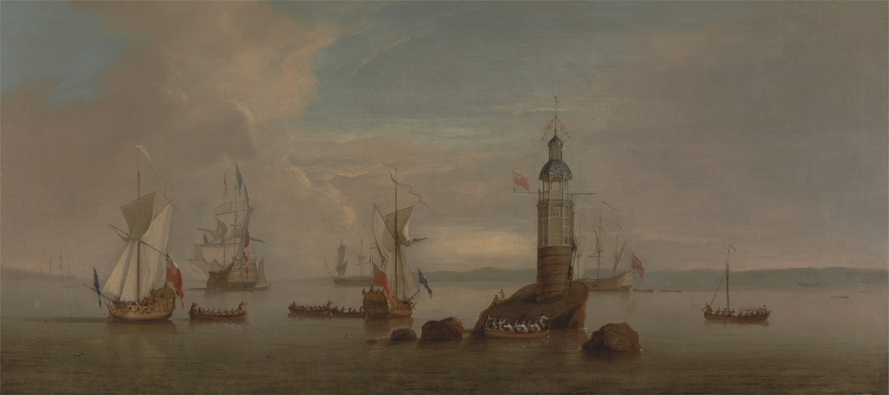 The Opening of the First Eddystone Lighthouse in 1698, by Peter Monamy, public domain