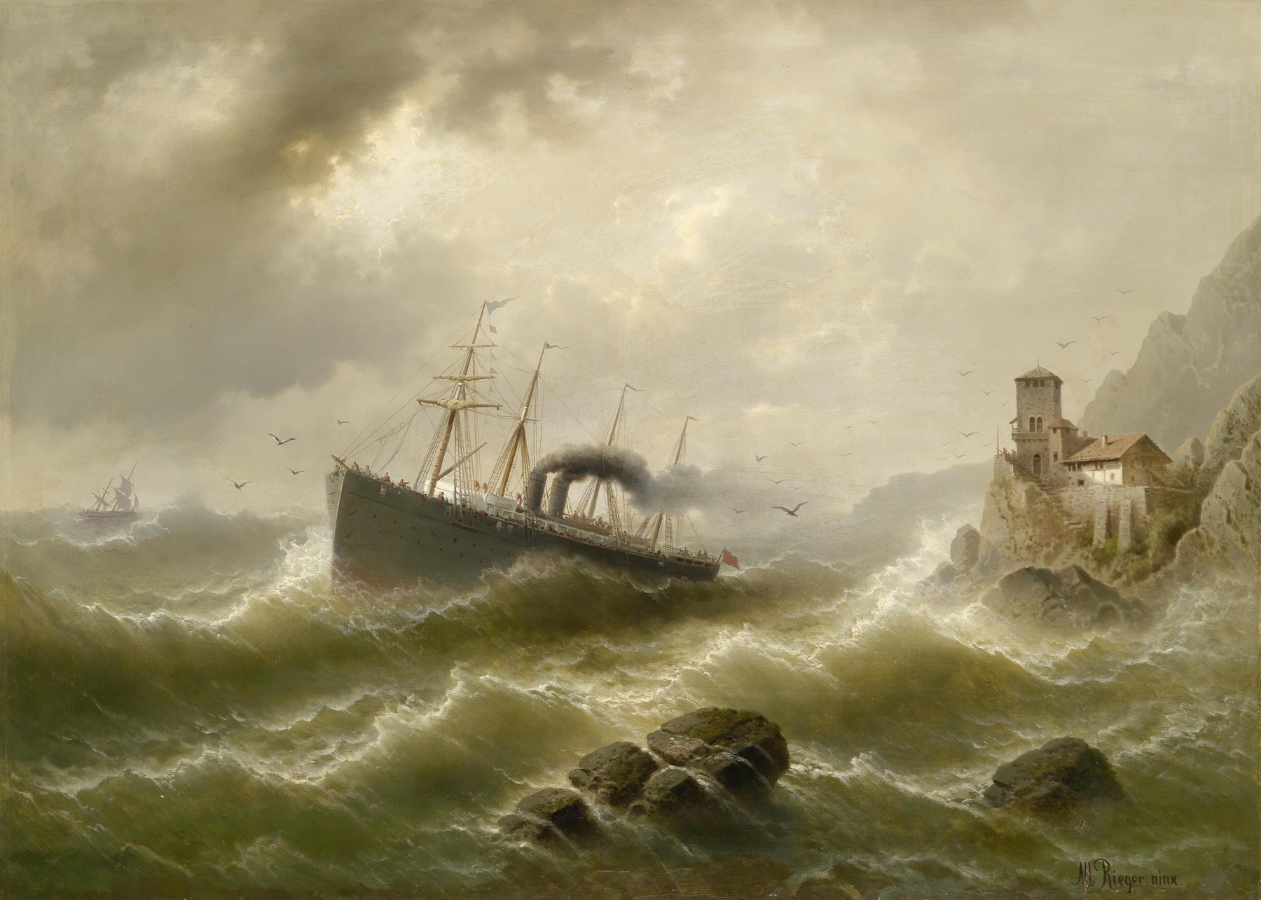 Lhootse Station an der Nordsee by Albert Rieger, oil on canvas, depicting a tranquil seascape with horizon and clouds.