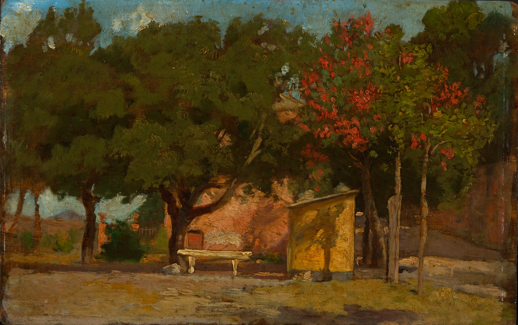 Oil painting by Albert Lang depicting a cabin under autumn trees