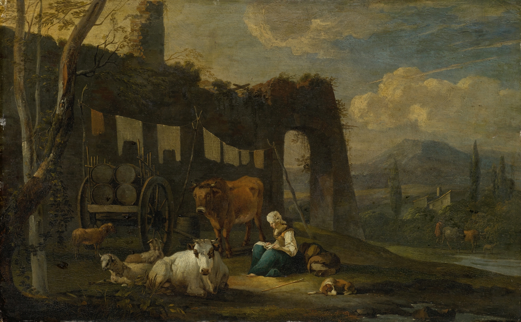 Italian Landscape with Staffage Figures, by Willem Romeyn, public domain
