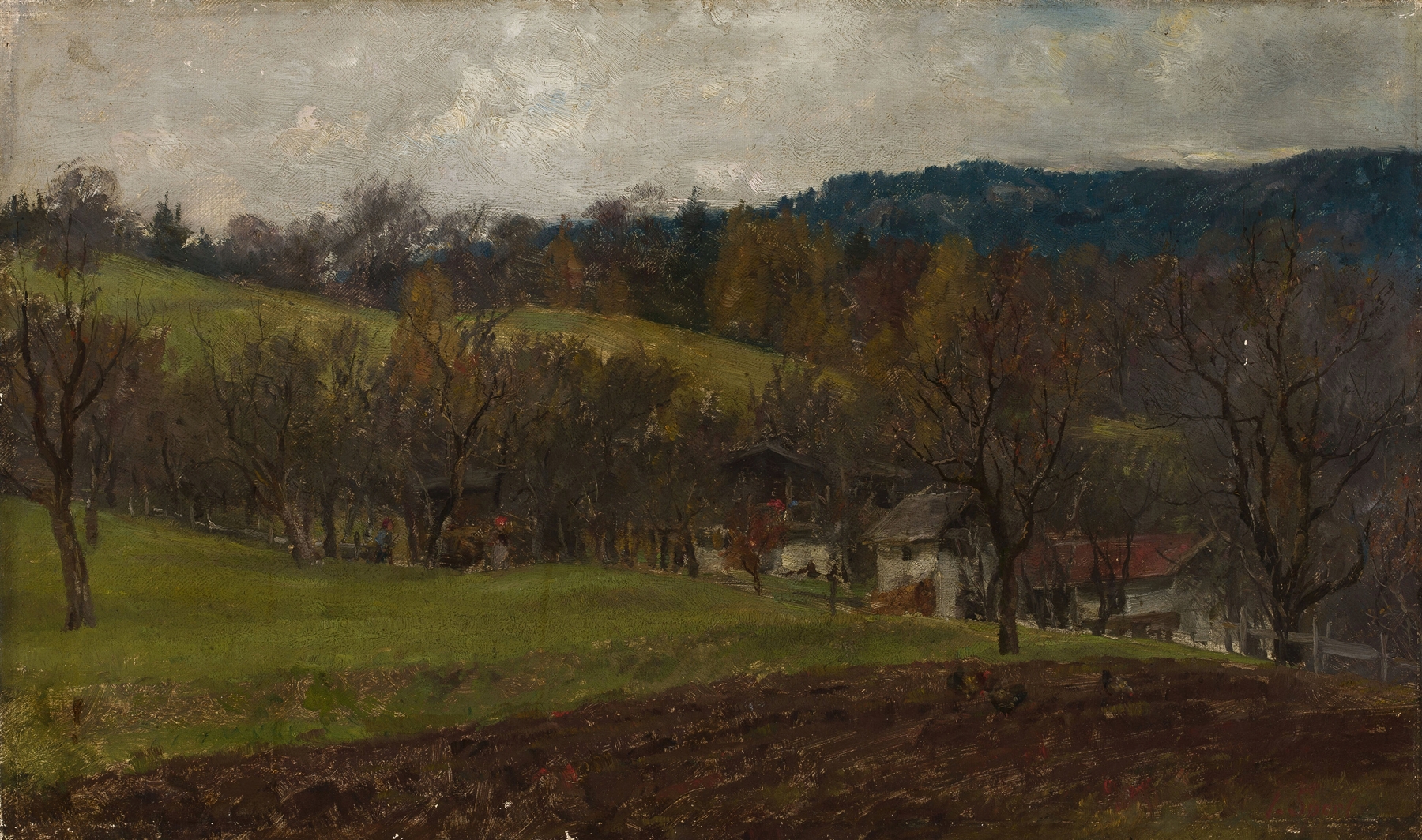 Autumn landscape by Johann Sperl, oil on canvas, featuring vibrant leaves and a soft horizon.