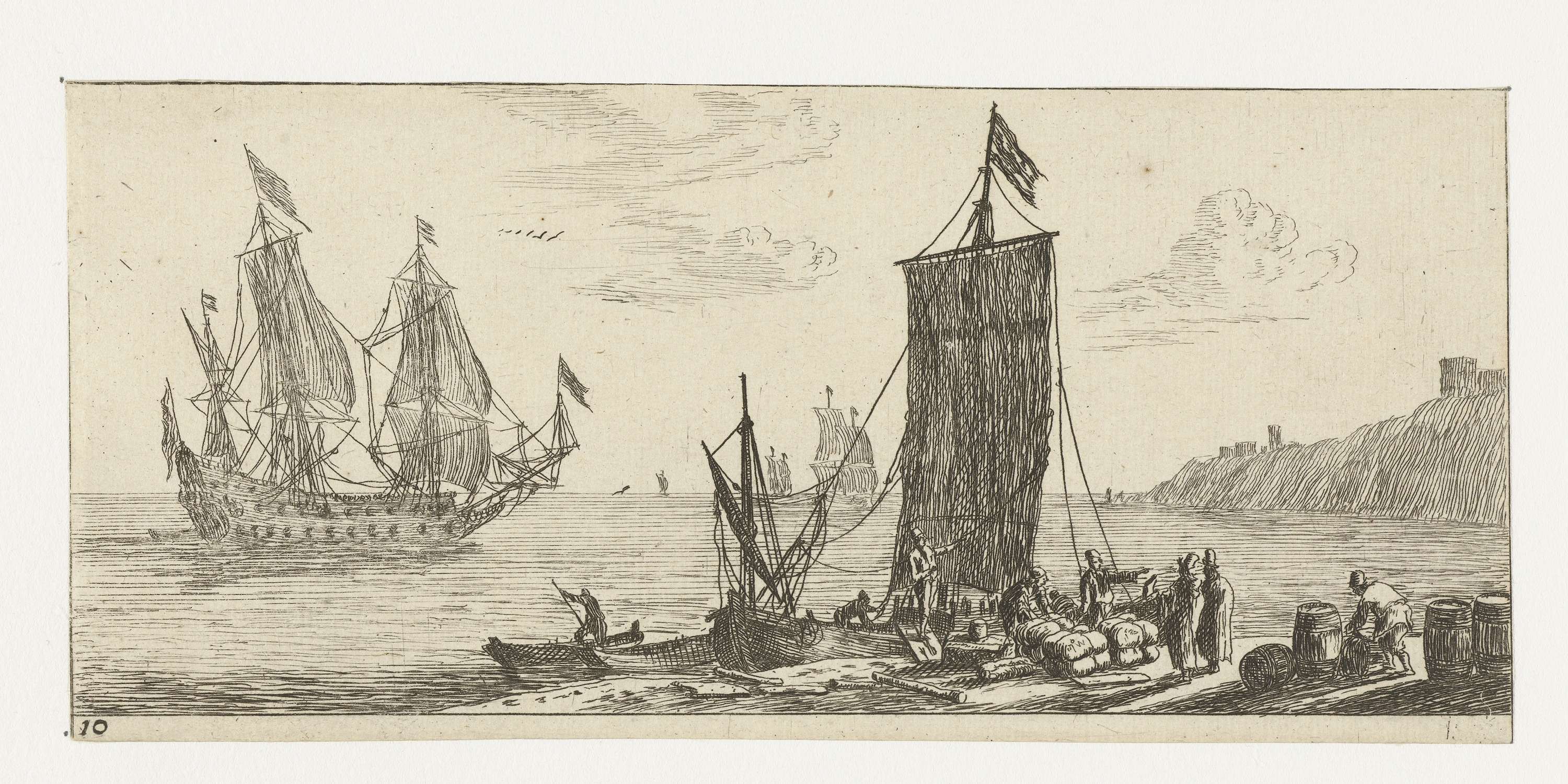 Baai met een hoeker en een oorlogsschip, by Reinier Nooms, public domain