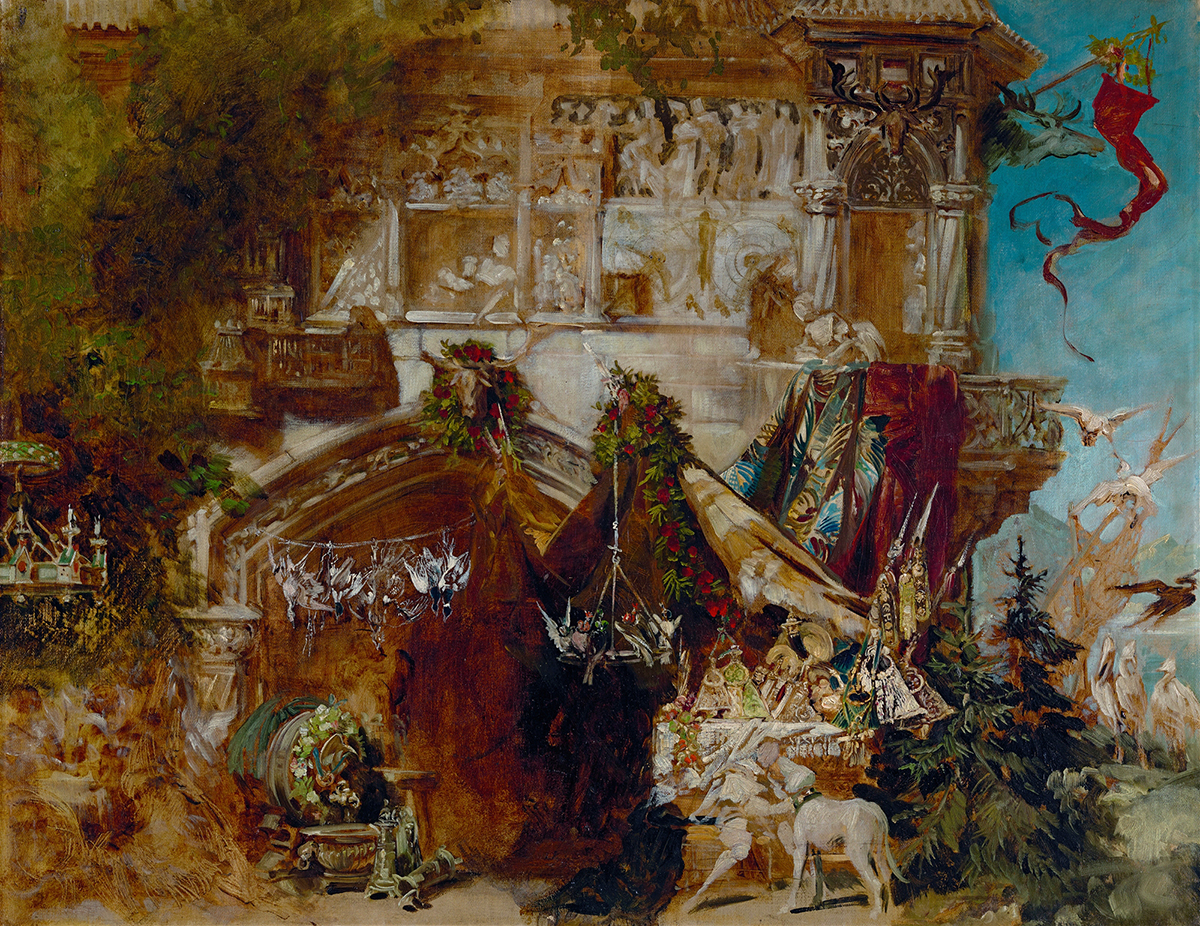 The Hunting Castle by Hans Makart, oil on canvas, depicts a grand castle surrounded by lush trees.