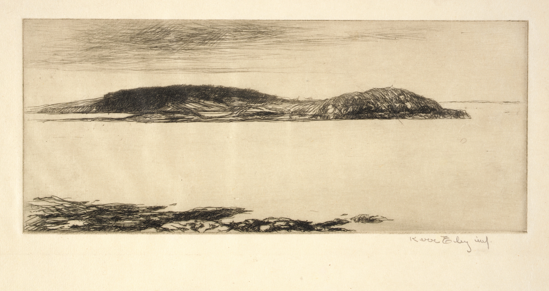 Little Knob by Kerr Eby, etching depicting a landscape with golden light and shadows.