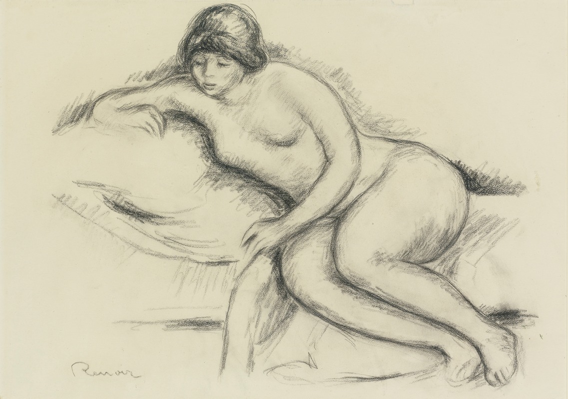Renoir's painting features a nude woman reclining on a sofa, showcasing his signature use of light and color.