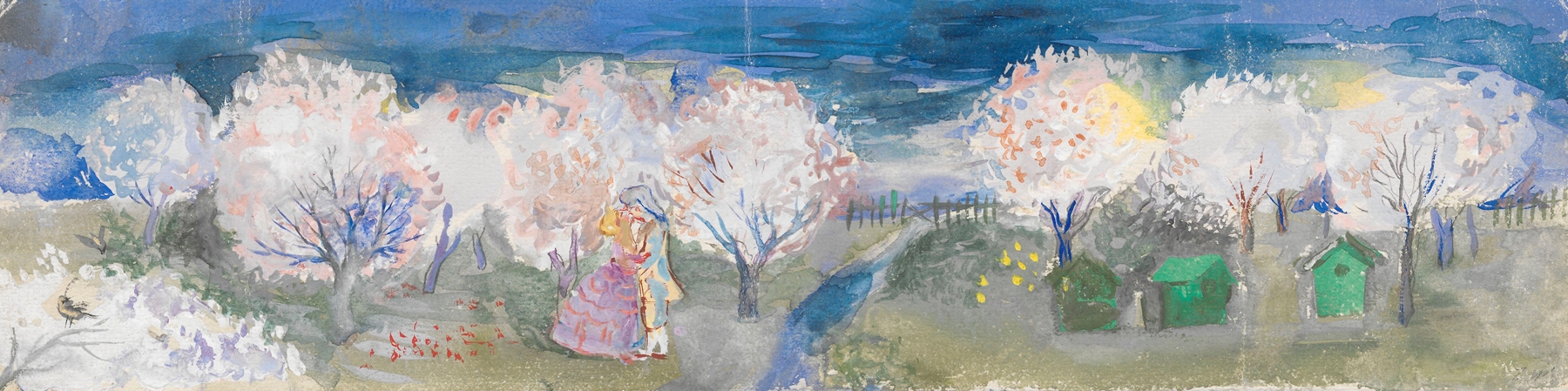 Blossoming orchard by Zygmunt Waliszewski, oil on canvas depicting vibrant flowers.