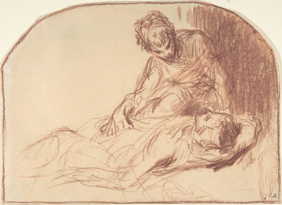 A young man is seated, leaning over a reclining figure, both figures are portrayed in soft, muted colors.