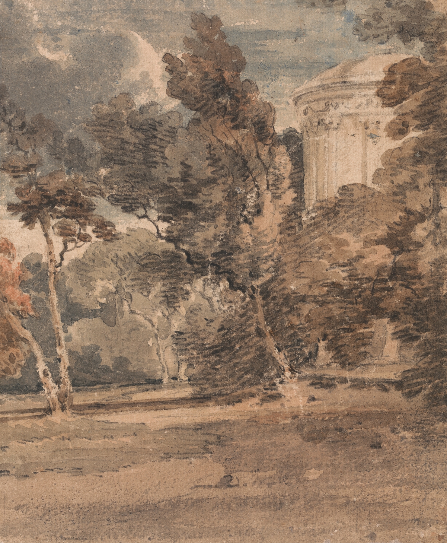 A Temple in Harewood Park by Thomas Girtin, landscape, depicting a temple surrounded by nature at sunset.
