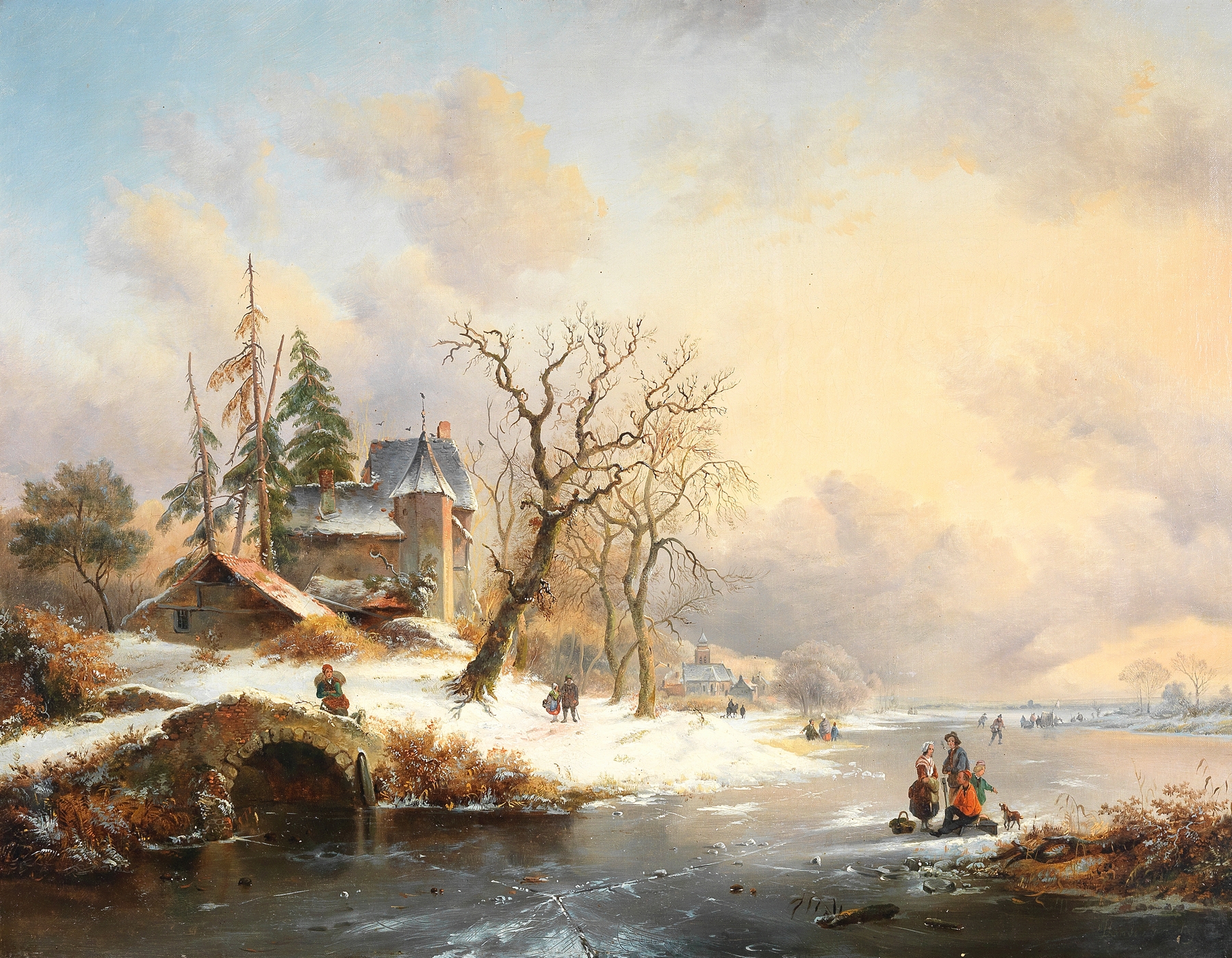 Winter landscape with figures near a mansion, oil painting by Frederik Marinus Kruseman