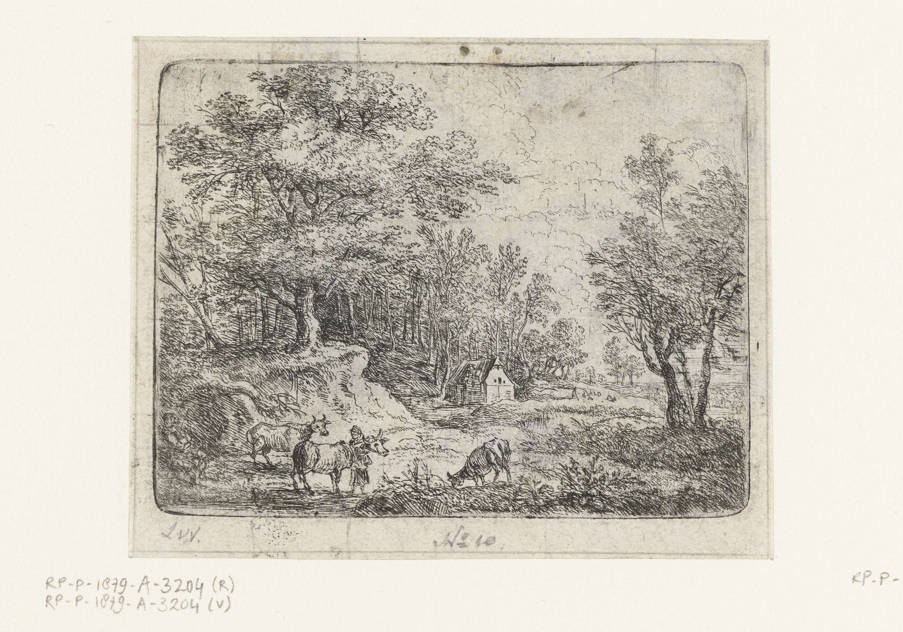 Landschap met drie koeien en een vrouw, etching by Lucas van Uden, depicting cows and a woman in a landscape.
