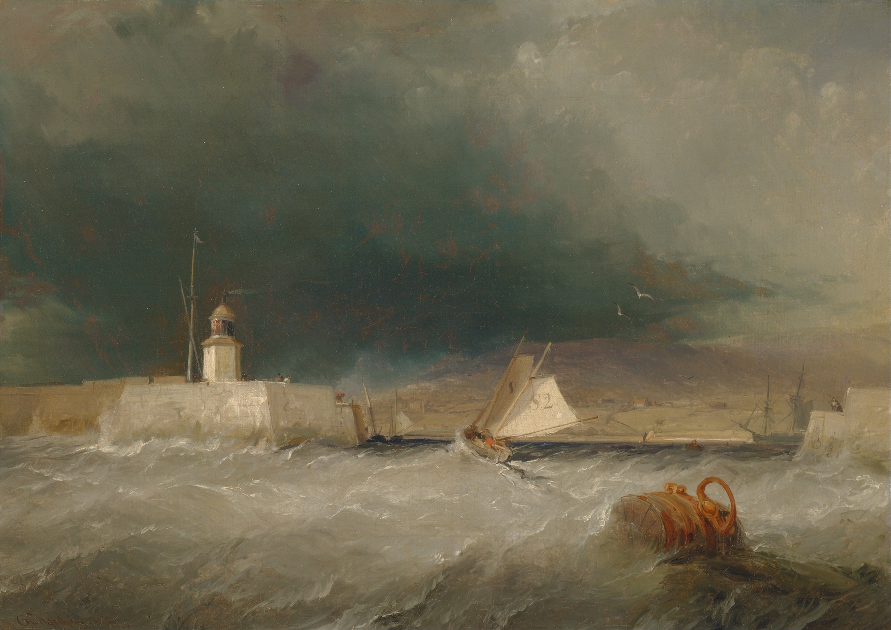 Port on a Stormy Day by George Chambers, oil painting of stormy waves crashing on the shore.