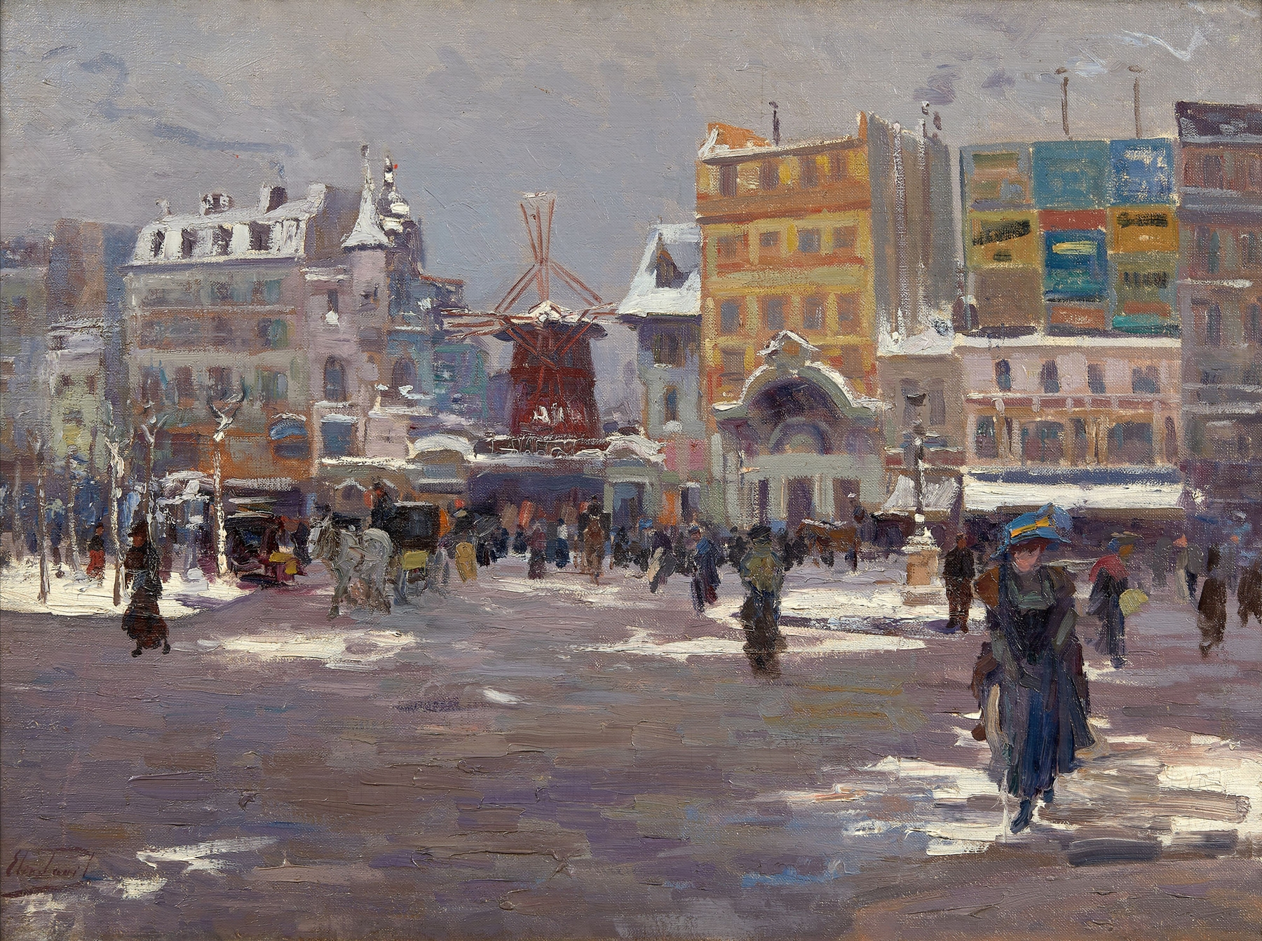Le Moulin Rouge en hiver by Elie Anatole Pavil, depicting a snowy Paris night scene, unknown medium