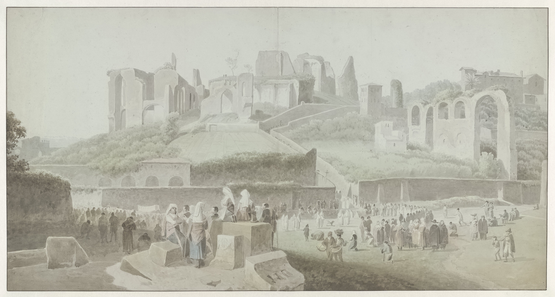 A crowd approaches the Palatine Hill in Rome, oil on canvas by Josephus Augustus Knip.