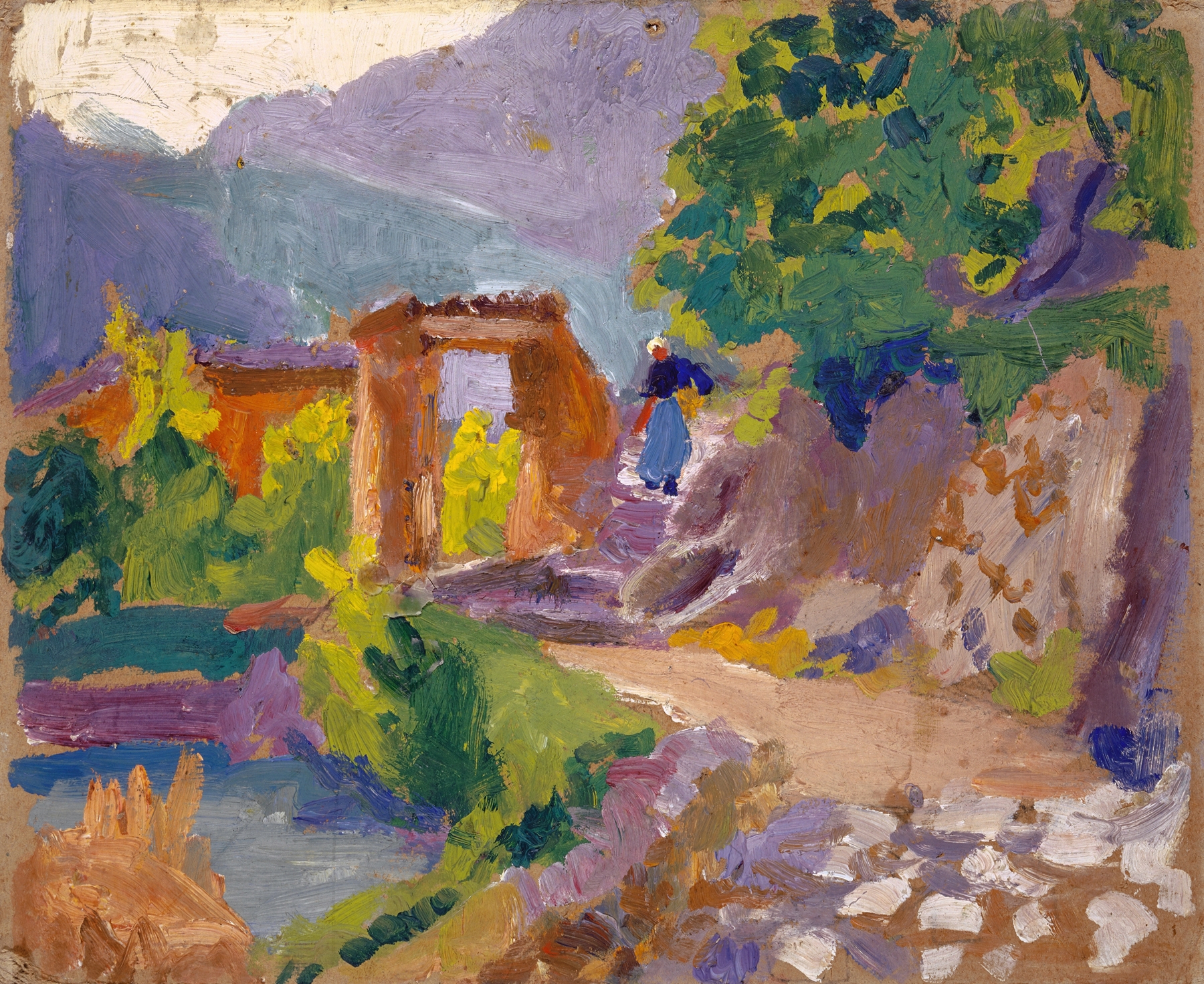 Landscape featuring a winding road in a mountain valley, unknown medium, by Unknown Artist