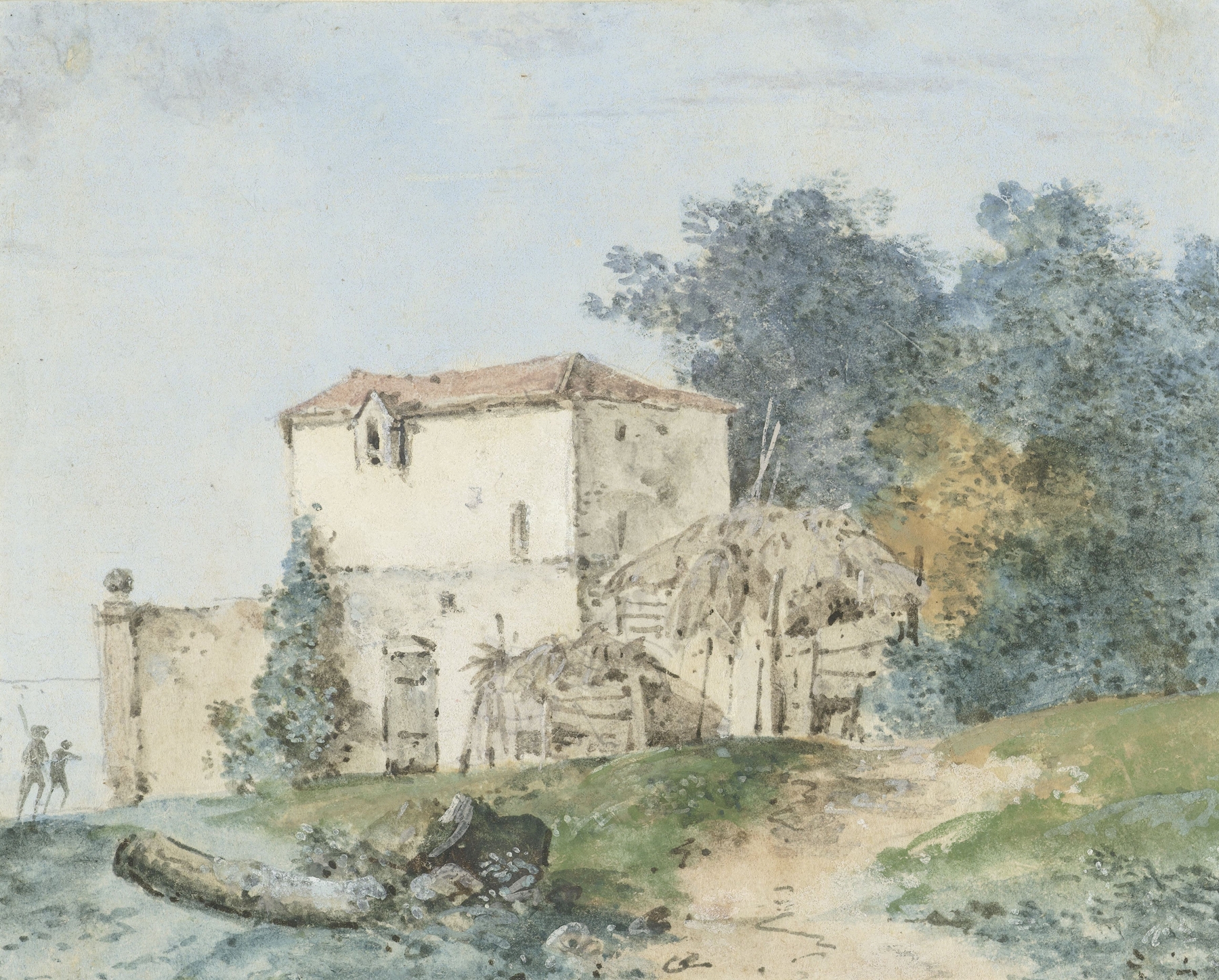 Rococo landscape featuring a farmhouse by Louis Gabriel Moreau