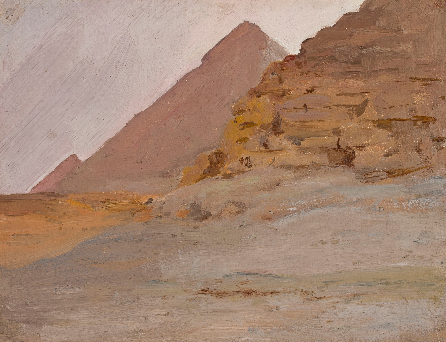 Oil painting by Jan Ciągliński depicting pyramids at twilight