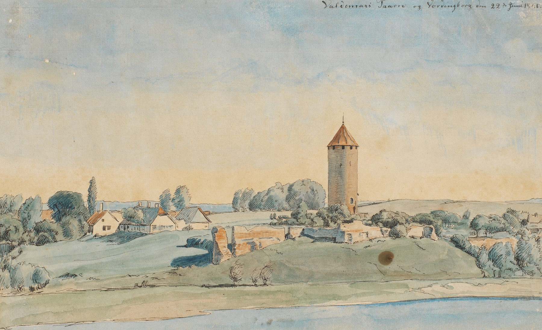 Landscape with morning mist and tranquil waterway by P. C. Skovgaard, oil on canvas