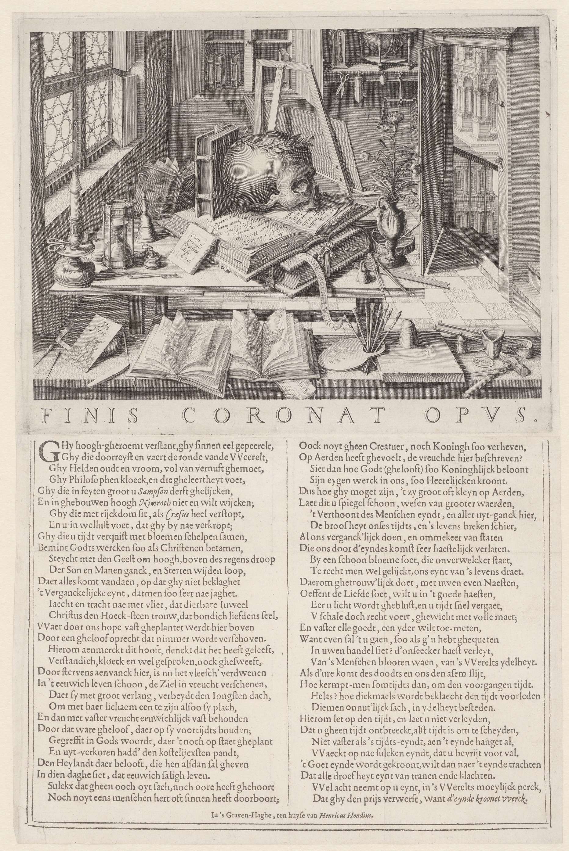 Engraving by Hendrick Hondius (I) featuring a skull and laurel wreath.