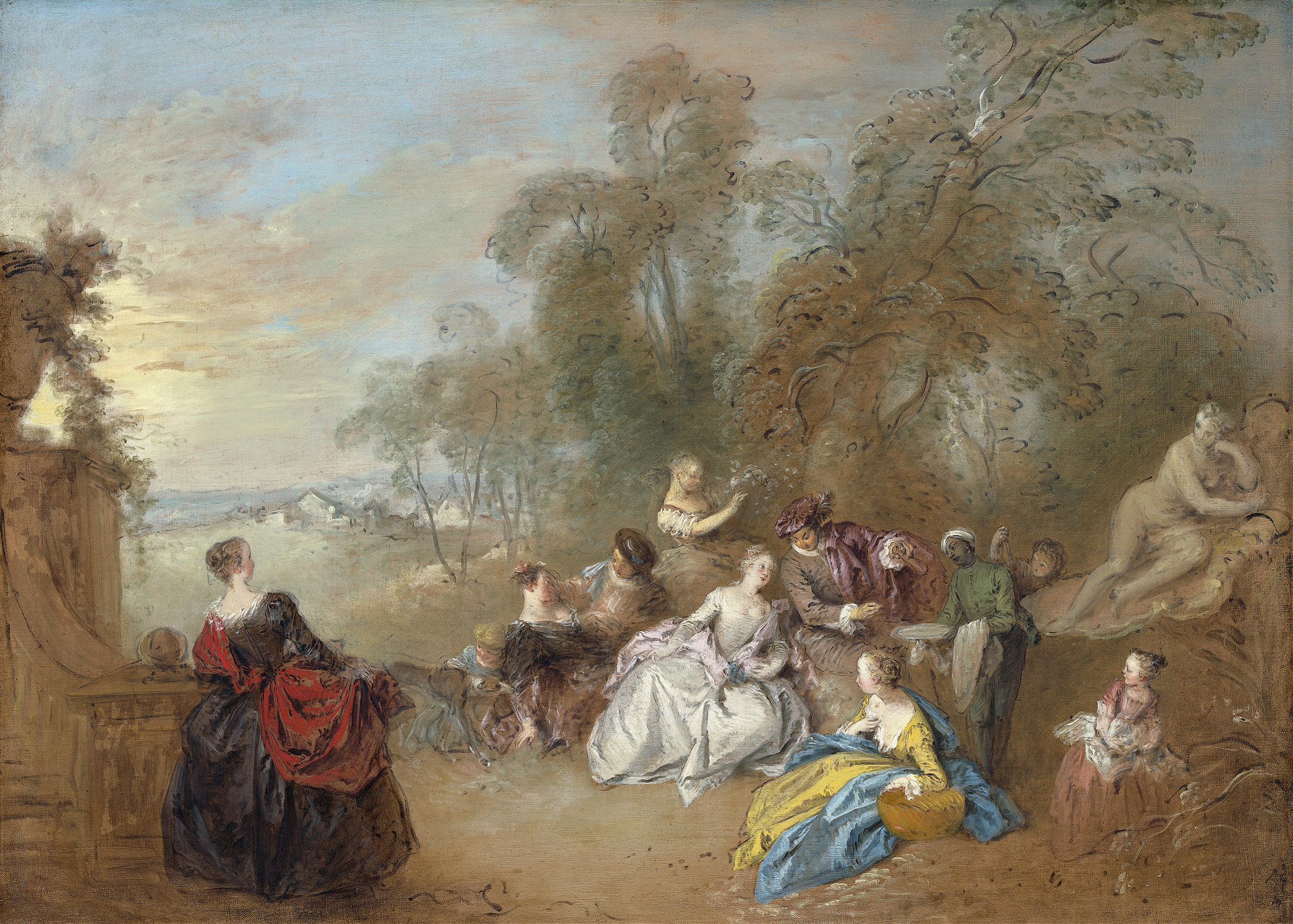 On the Terrace, oil on canvas by Jean-Baptiste Pater, featuring elegantly dressed figures on a sunny terrace.