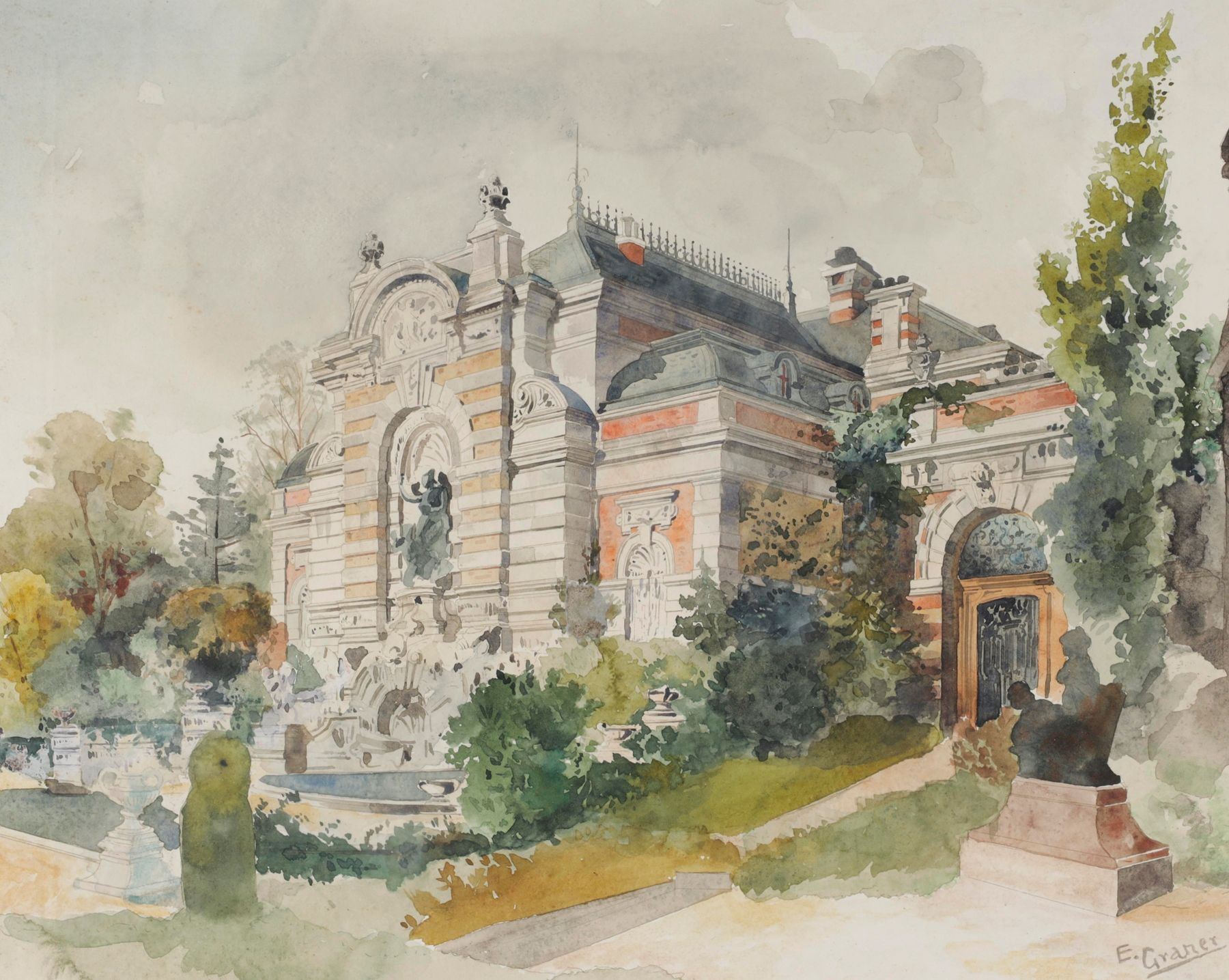 Villa in einem Park by Ernst Graner, Impressionism, depicts a villa surrounded by greenery and a blue sky.