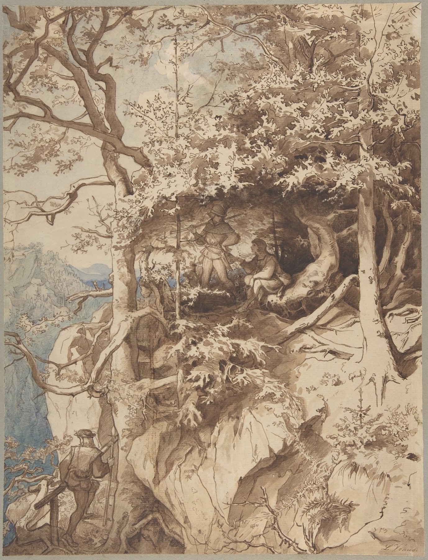 Hunters in an Outlook on a Mountain by August Leopold Venus, oil painting depicting hunters against a mountain landscape.