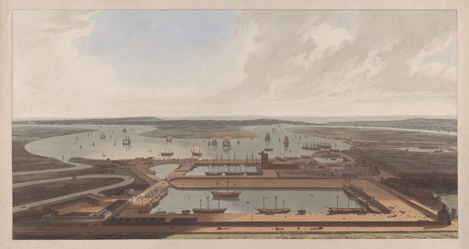 A View of the East India Docks, watercolor on paper by William Daniell, depicting ships and water.