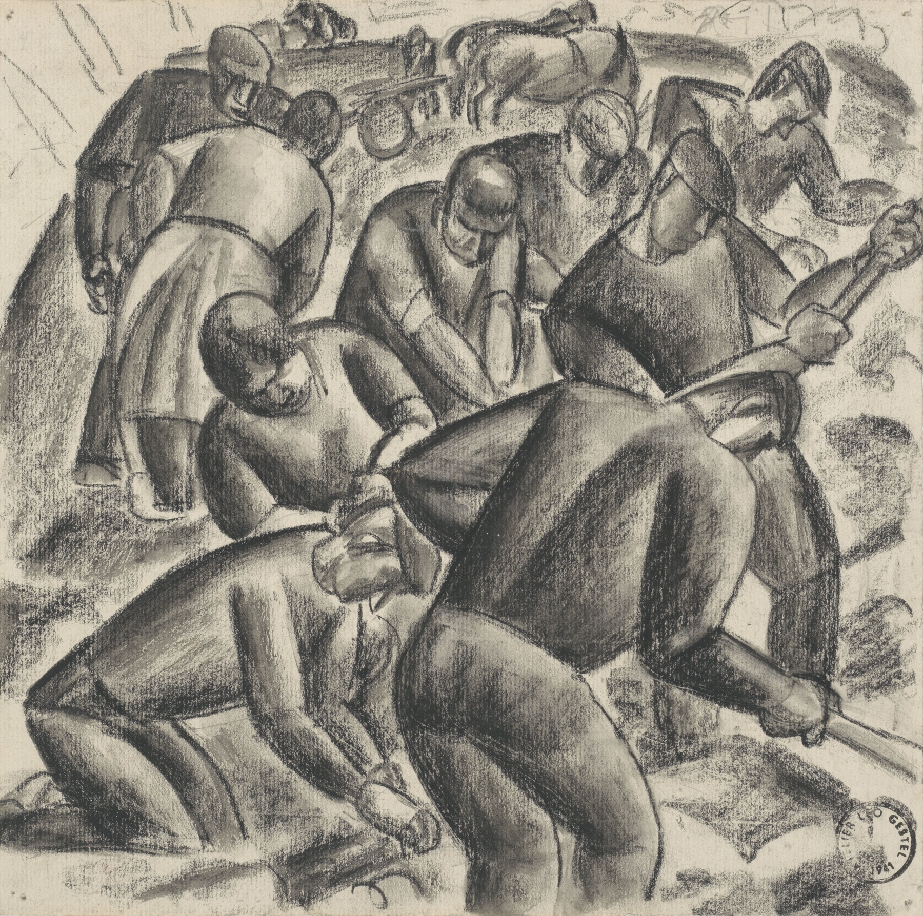 Aardappelrooiers aan het werk op het land by Leo Gestel, oil painting showing laborers in a field.