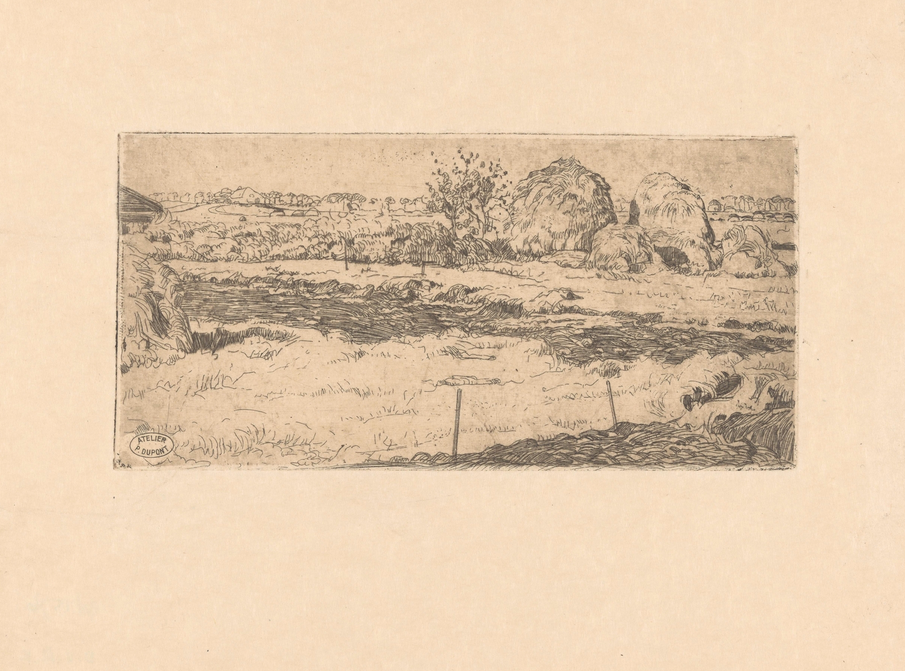Veld met hooioppers by Pieter Dupont, depicting a tranquil field with golden grasses, oil painting