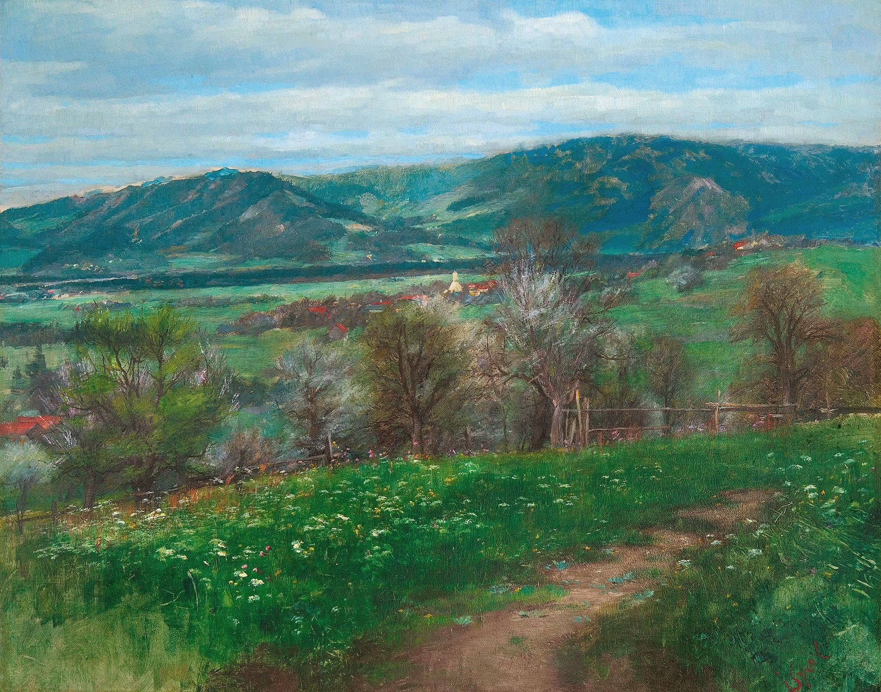 Frühling bei Litzldorf by Johann Sperl, Impressionist landscape depicting a sunlit meadow with wildflowers.