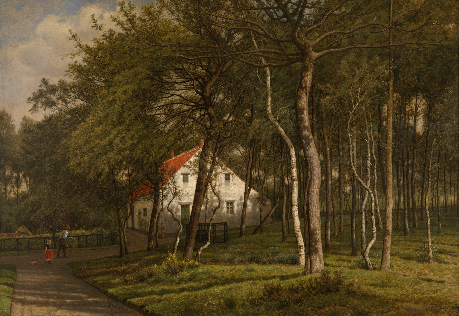 A Forester Cottage in Putte, oil on canvas by Jean Pierre François Lamorinière, depicts a cottage in a lush forest.