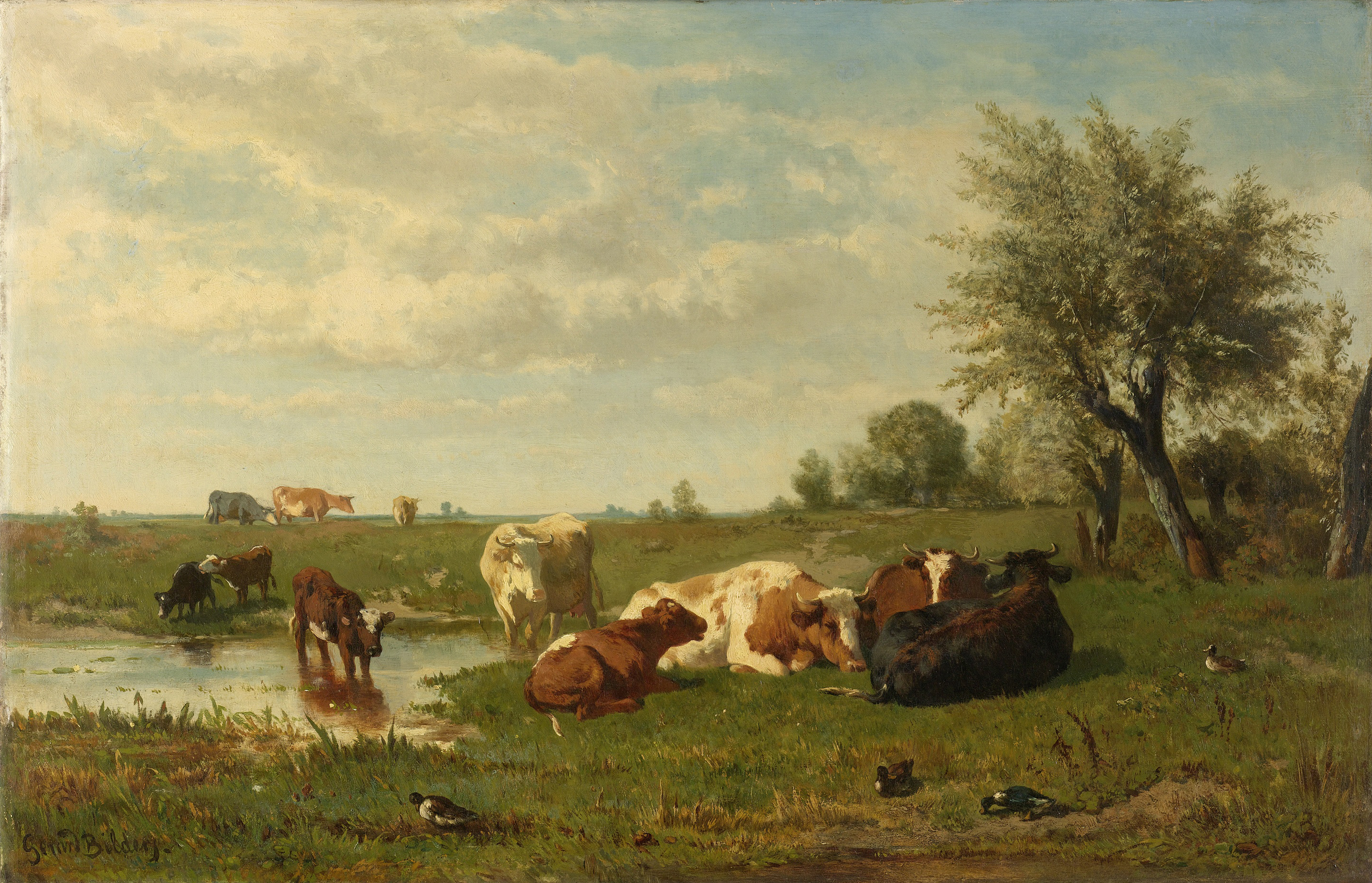 Cows grazing in a green meadow, oil on canvas by Gerard Bilders