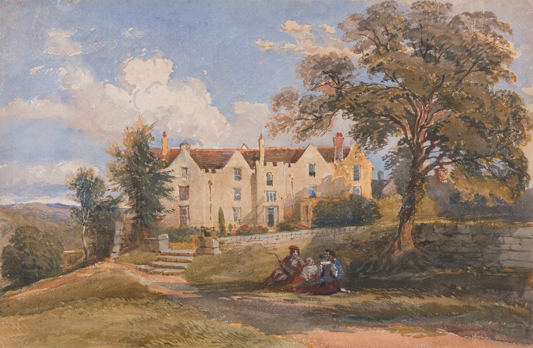 Genre scene depicting figures in a garden, oil painting by David Cox Jnr