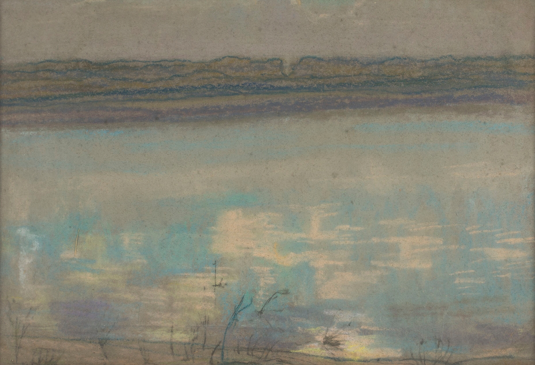 Landscape with a river by Jan Rembowski, impressionism, depicting shimmering water and reflections